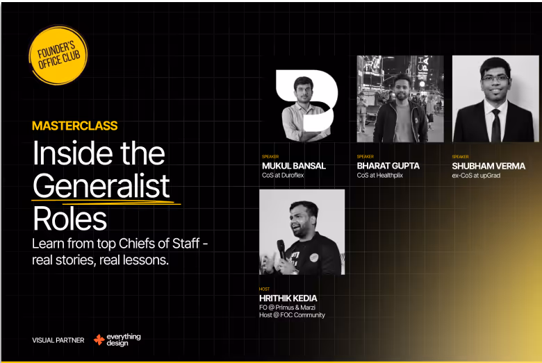 Masterclass on Generalist Roles with speakers Mukul Bansal, Bharat Gupta, Shubham Verma, hosted by Hrithik Kedia.