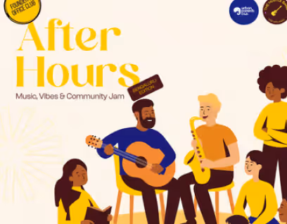 Illustration of diverse group playing guitar, saxophone, and drums with text After Hours music jam event.