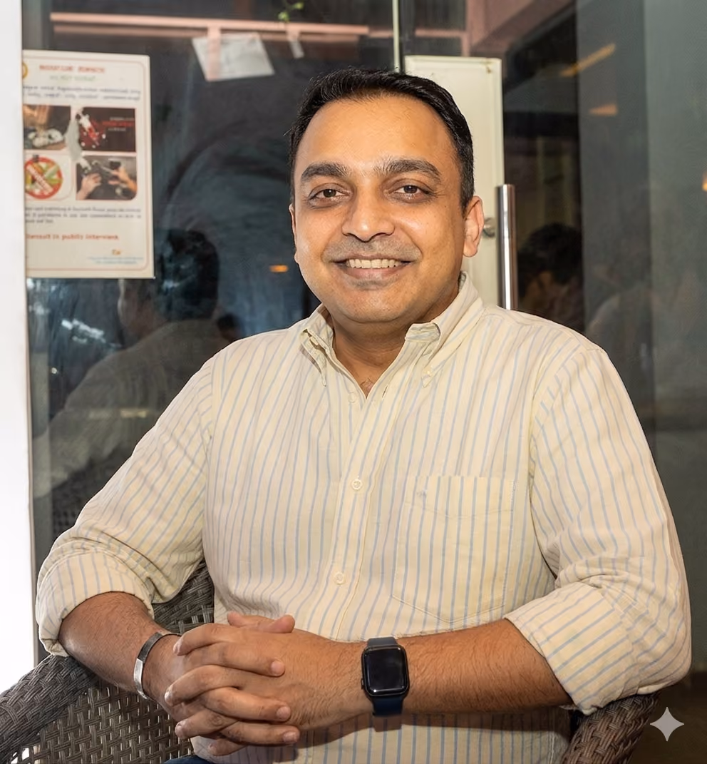 Smiling man in a striped shirt sitting on a chair with folded hands and a smartwatch.