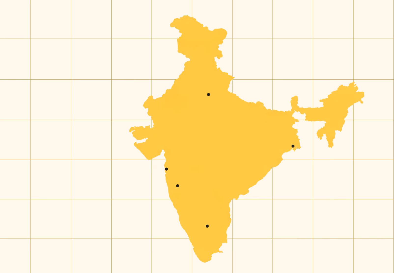 Yellow map of India with five black dots marking specific locations.